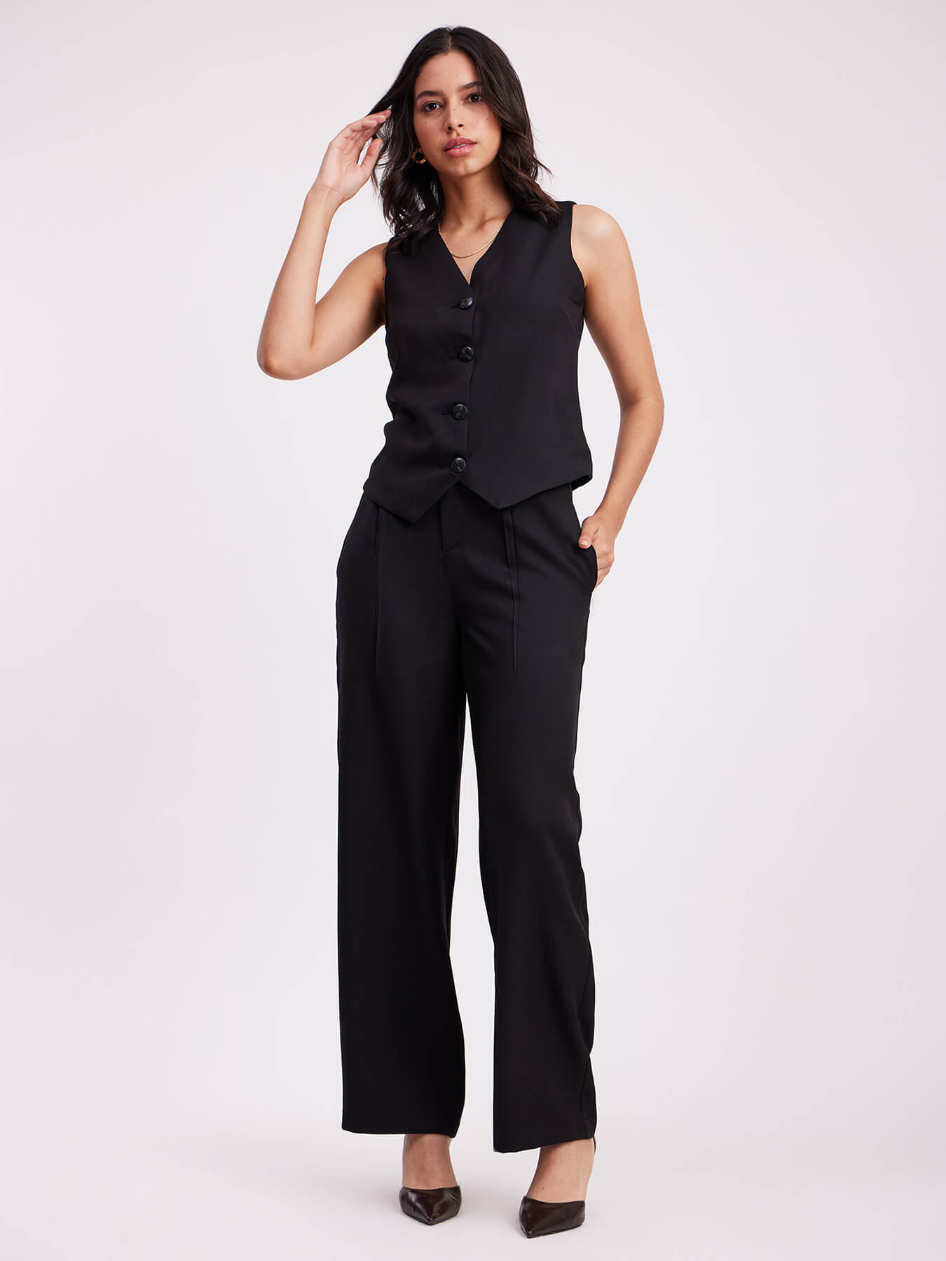 V Neck Buttoned Top - Black