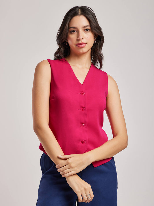 V Neck Front Button Waistcoat - Fuchsia
