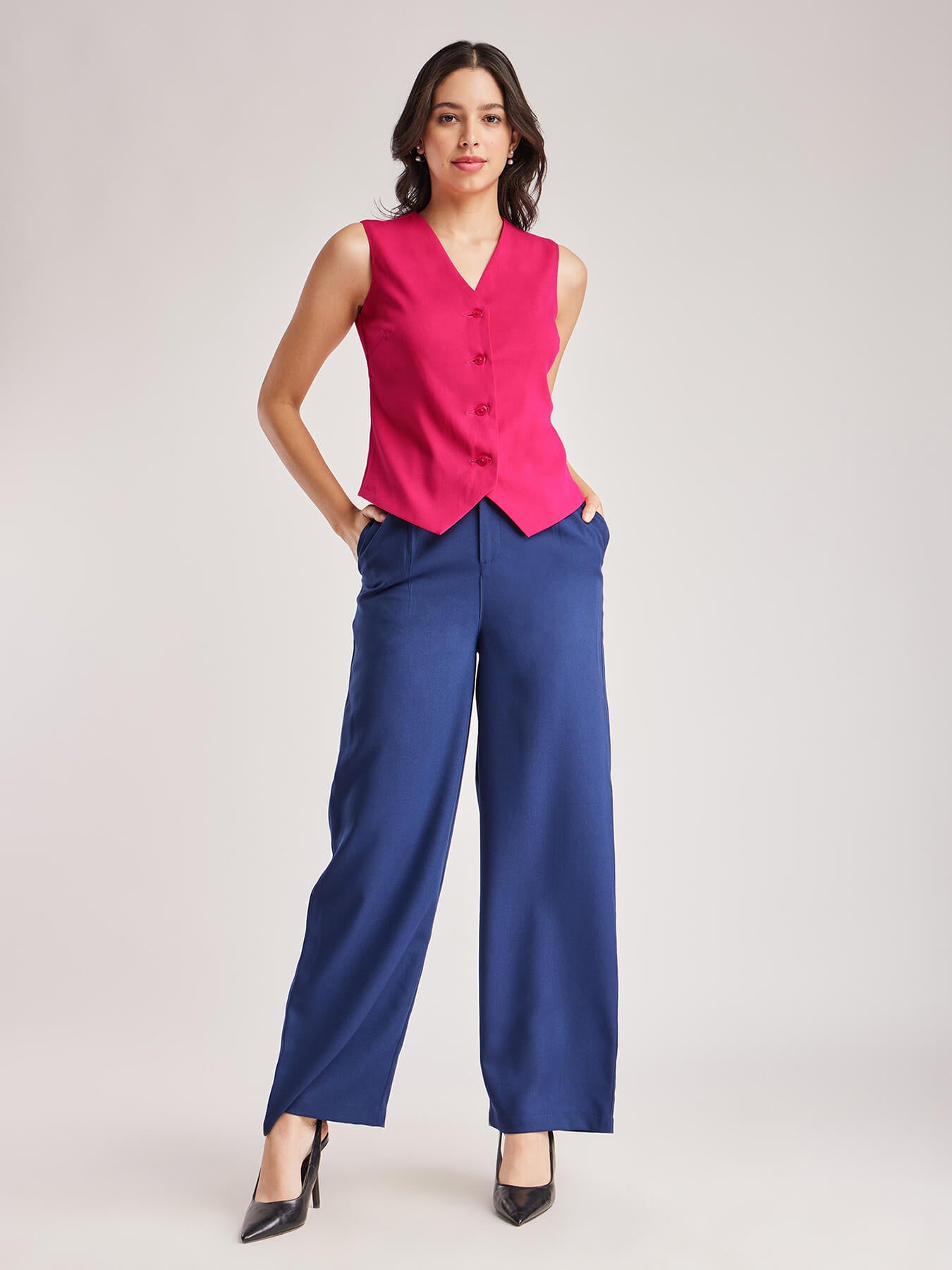V Neck Front Button Waistcoat - Fuchsia