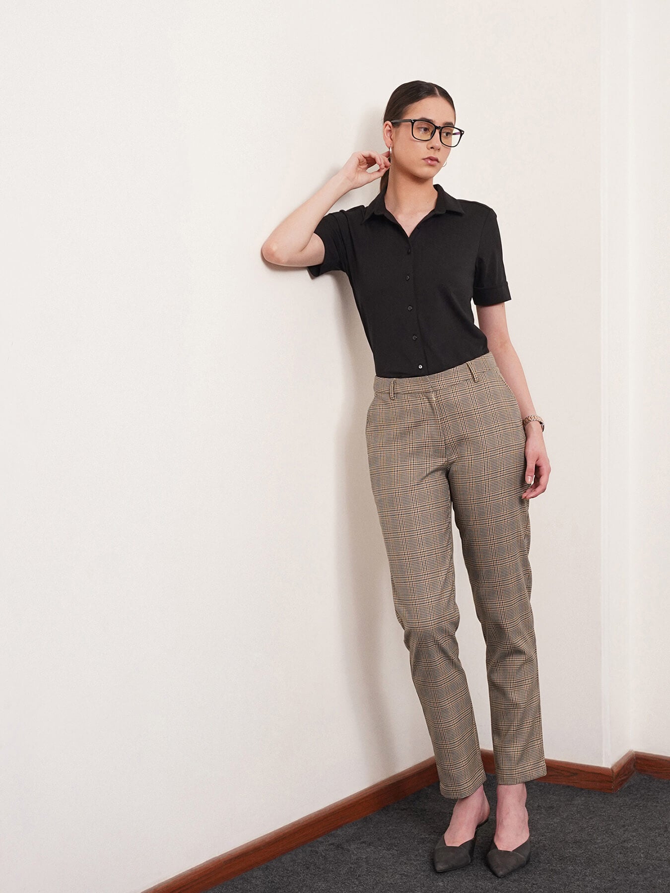 Checkered Straight Fit Trousers - Brown and Black