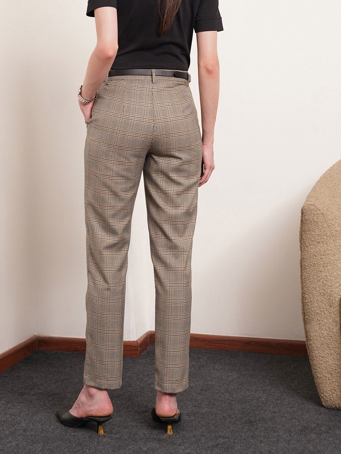 Checkered Straight Fit Trousers - Brown and Black