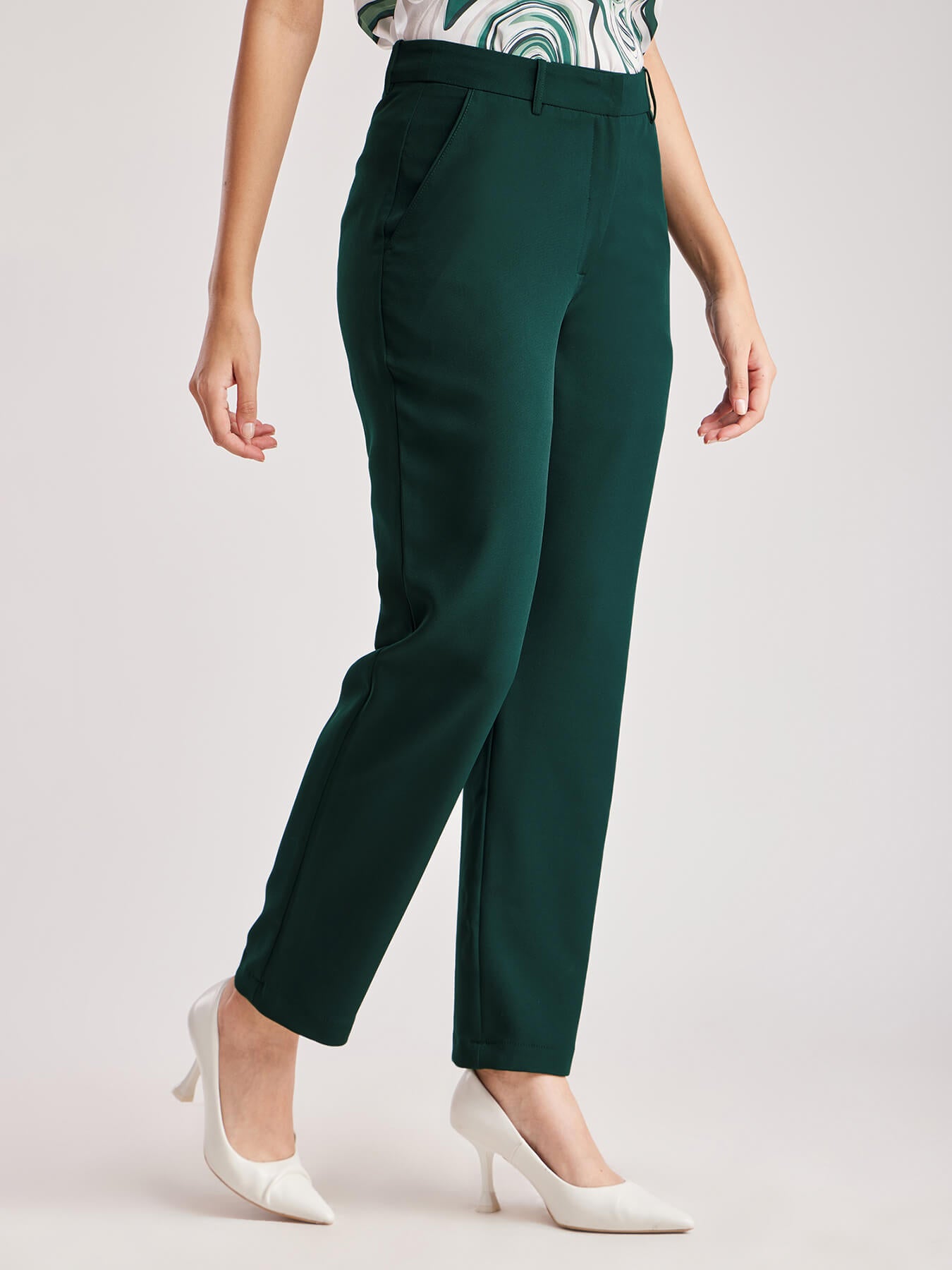 Straight Fit Mid Rise Trousers - Bottle Green