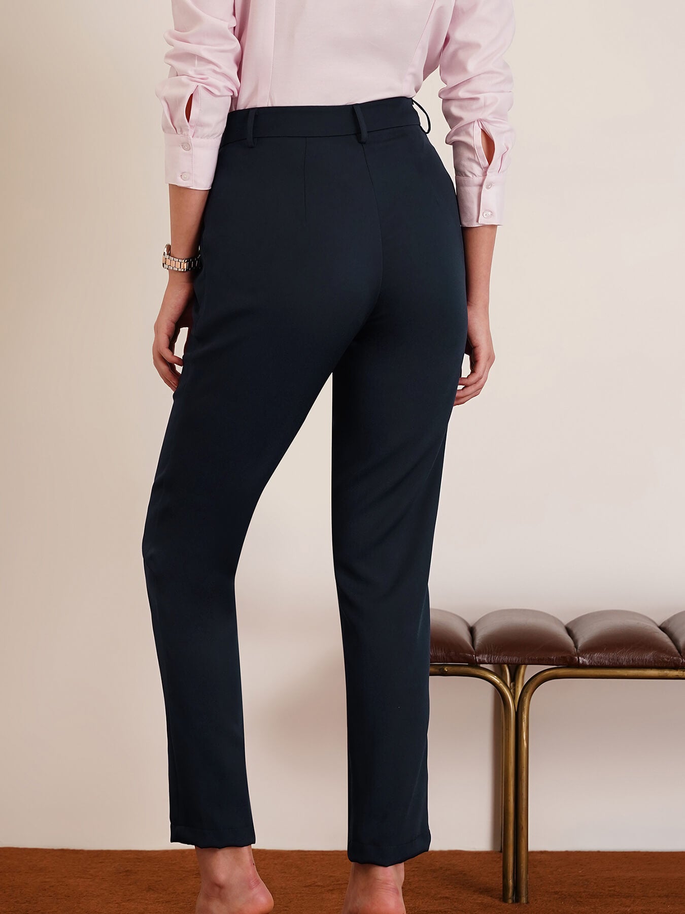 Straight Fit Solid Trousers - Navy Blue