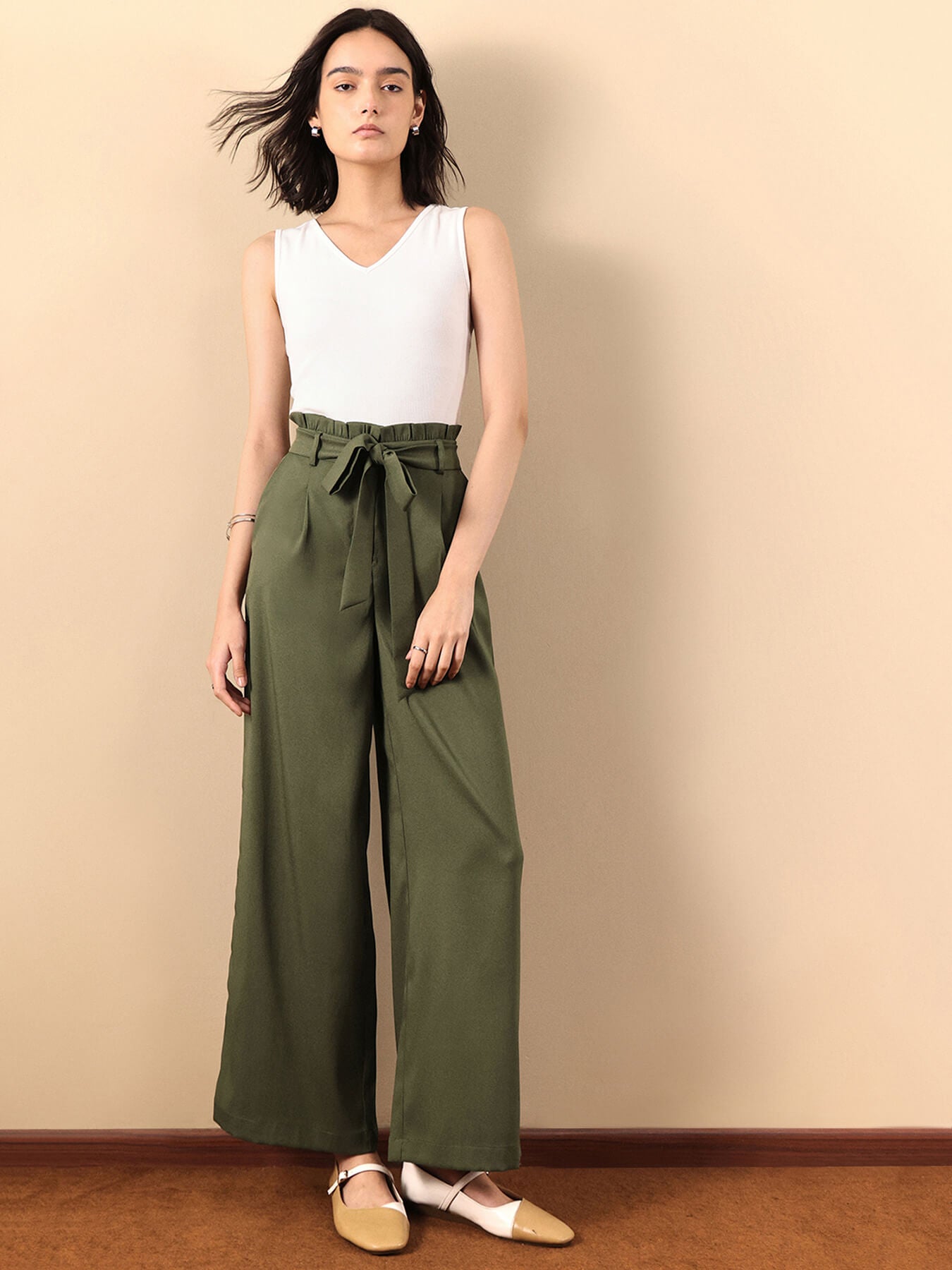 Paperbag Waist Tie Up Pants - Olive