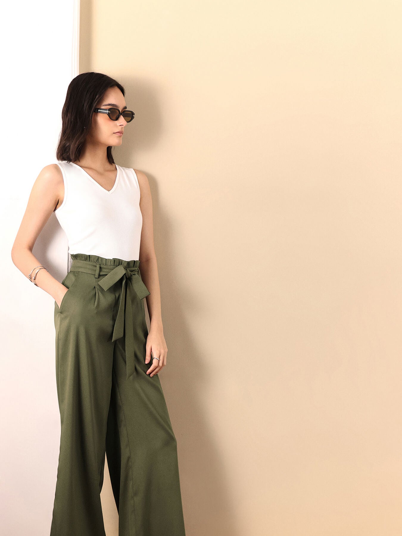 Paperbag Waist Tie Up Pants - Olive