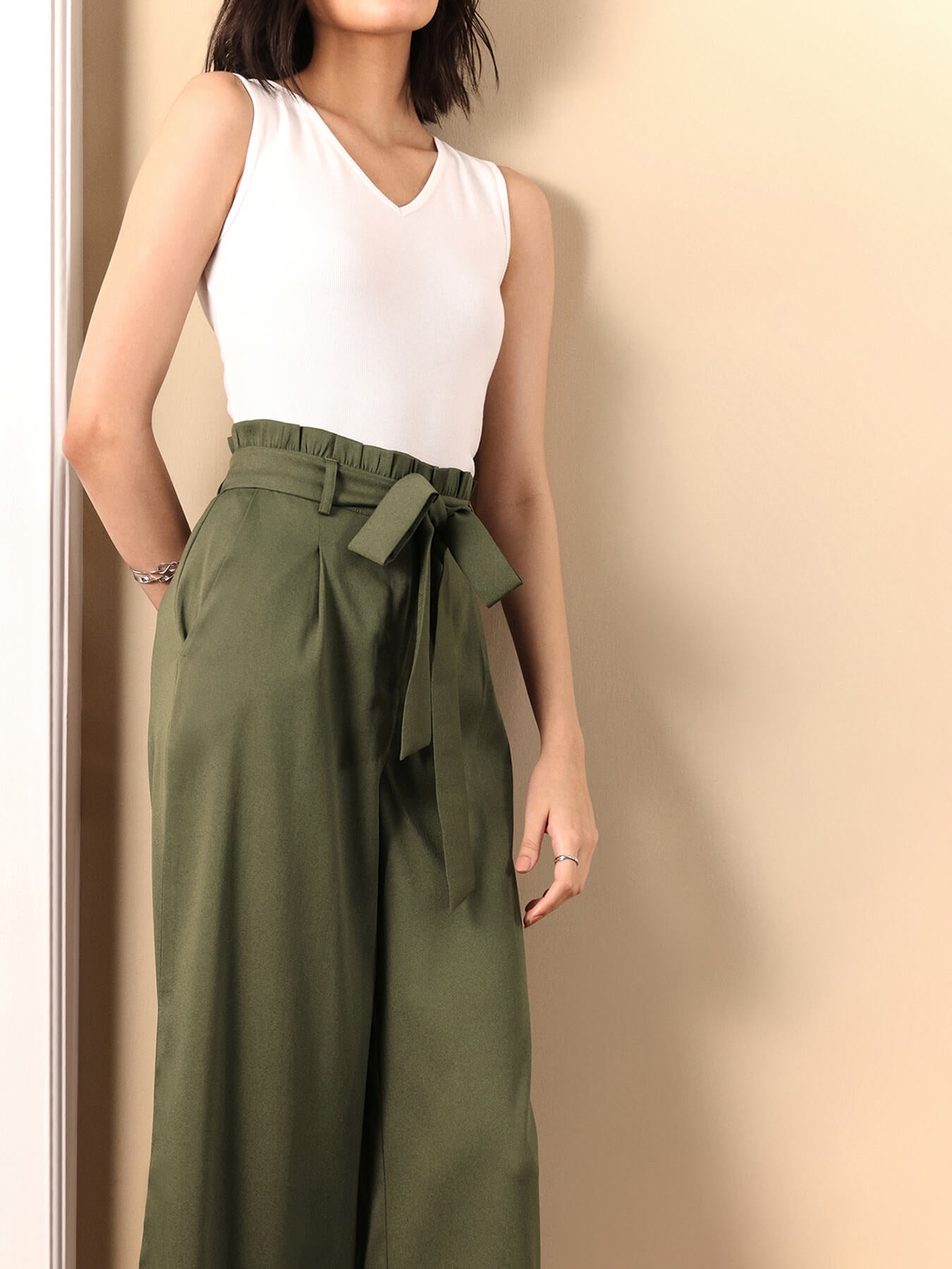 Paperbag Waist Tie Up Pants - Olive