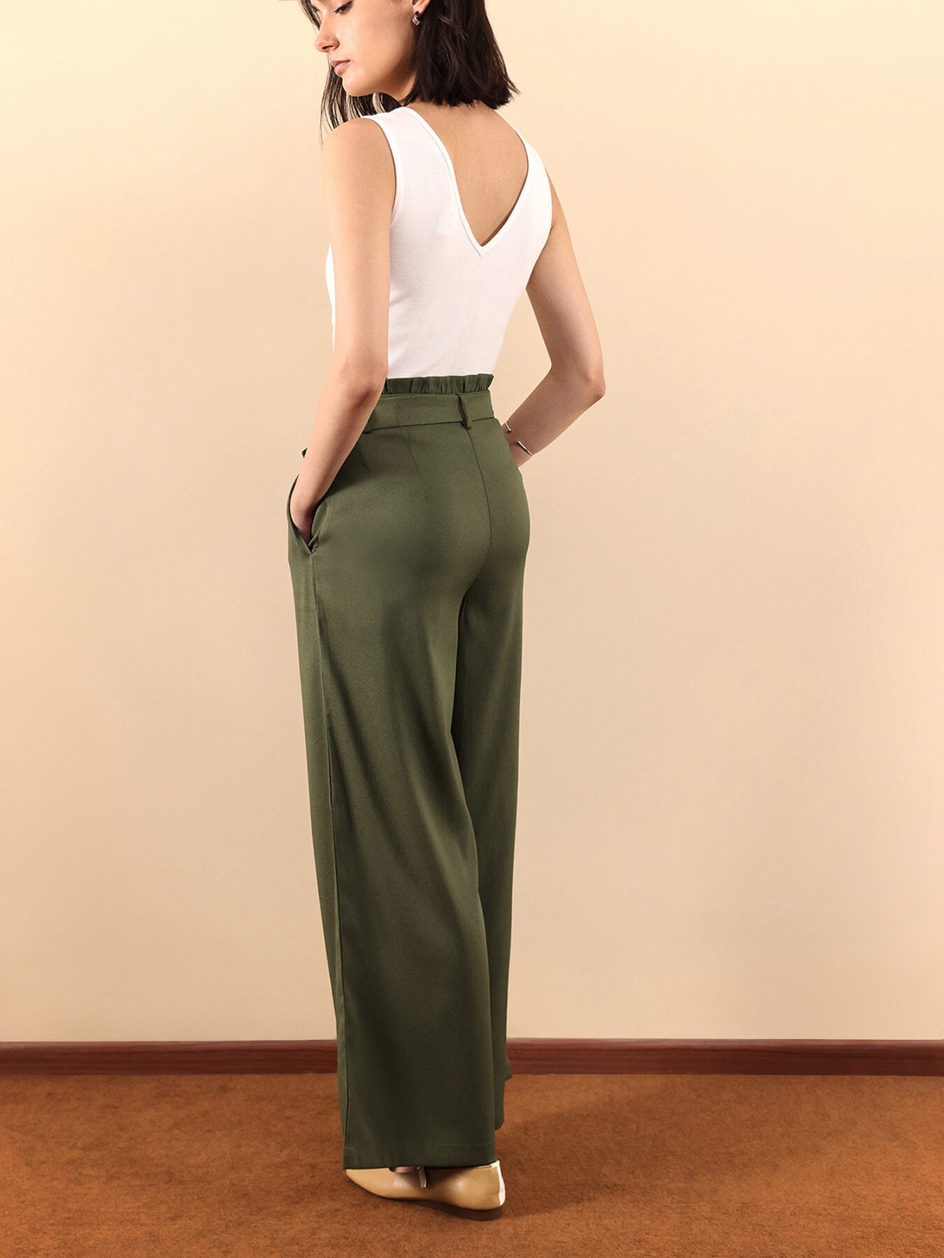 Paperbag Waist Tie Up Pants - Olive