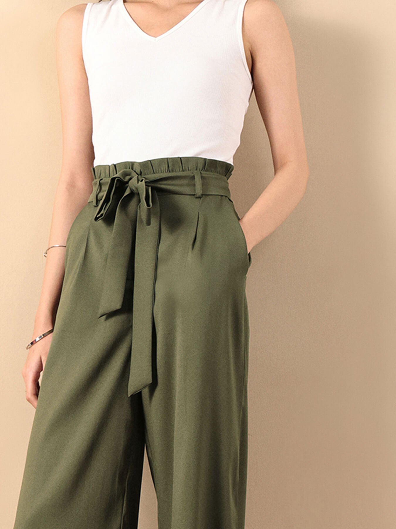 Paperbag Waist Tie Up Pants - Olive