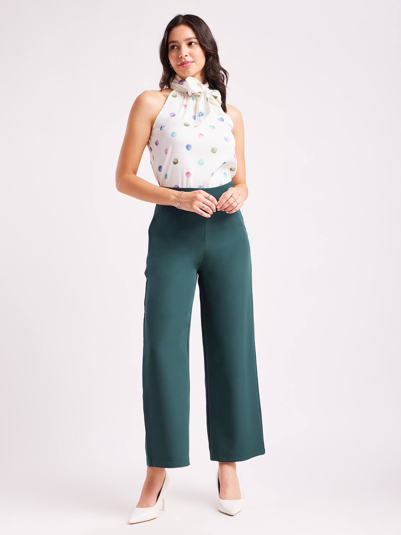 High Waist Wide Leg  Trousers - Bottle Green