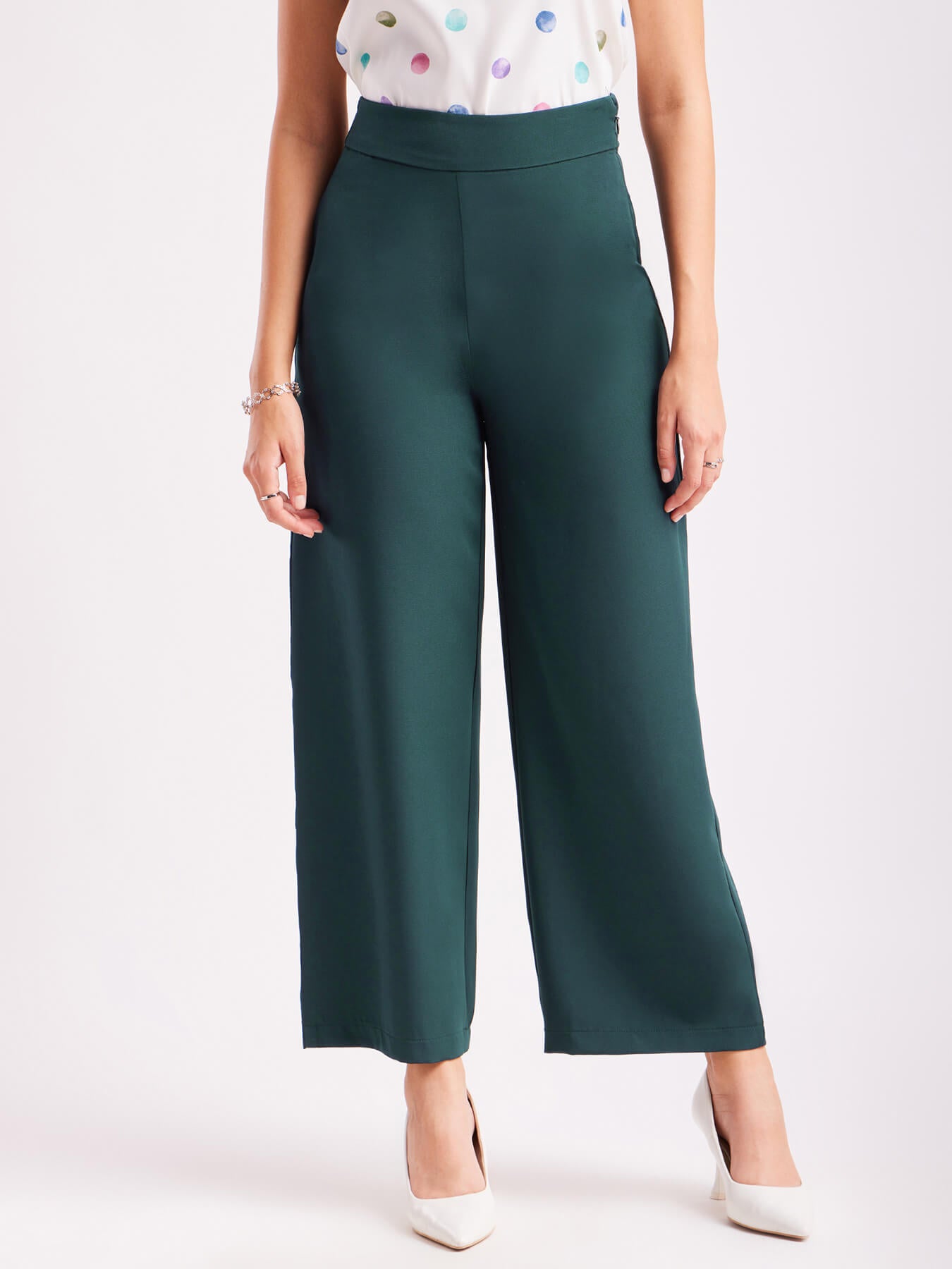 High Waist Wide Leg  Trousers - Bottle Green