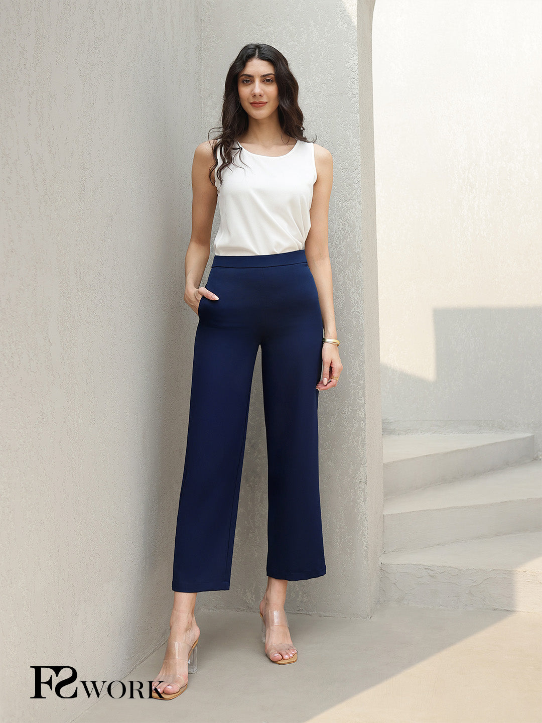 High Waist Wide Leg Trouserss - Navy
