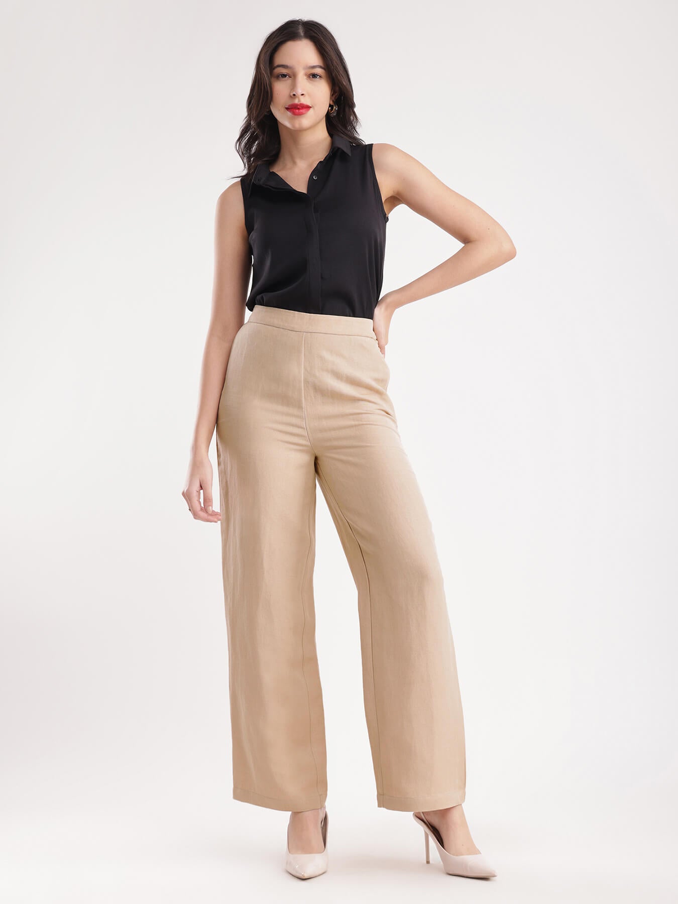 Linen Elasticated Wide Leg Pants - Beige