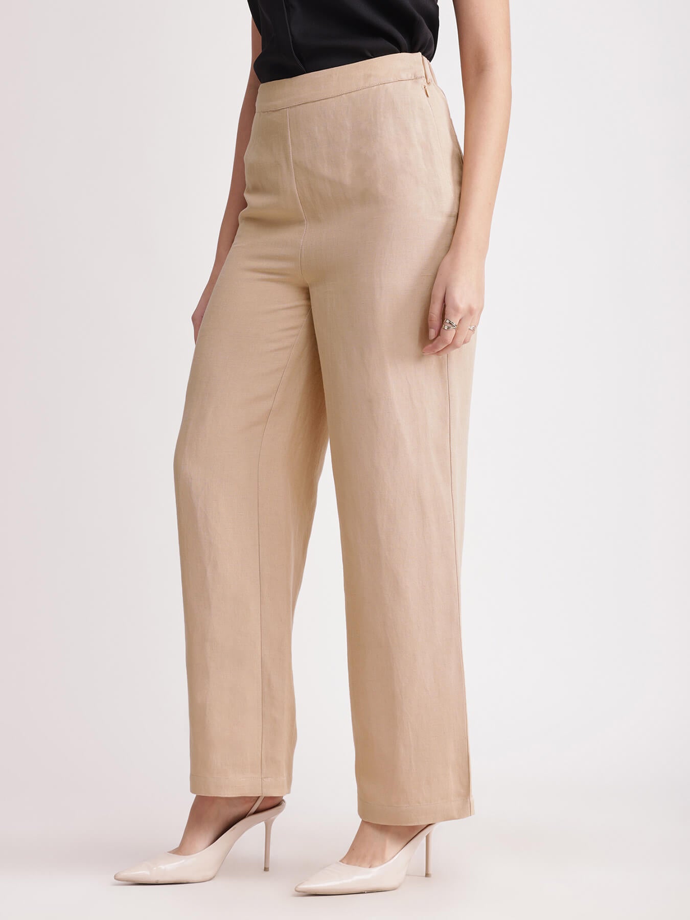 Linen Elasticated Wide Leg Pants - Beige