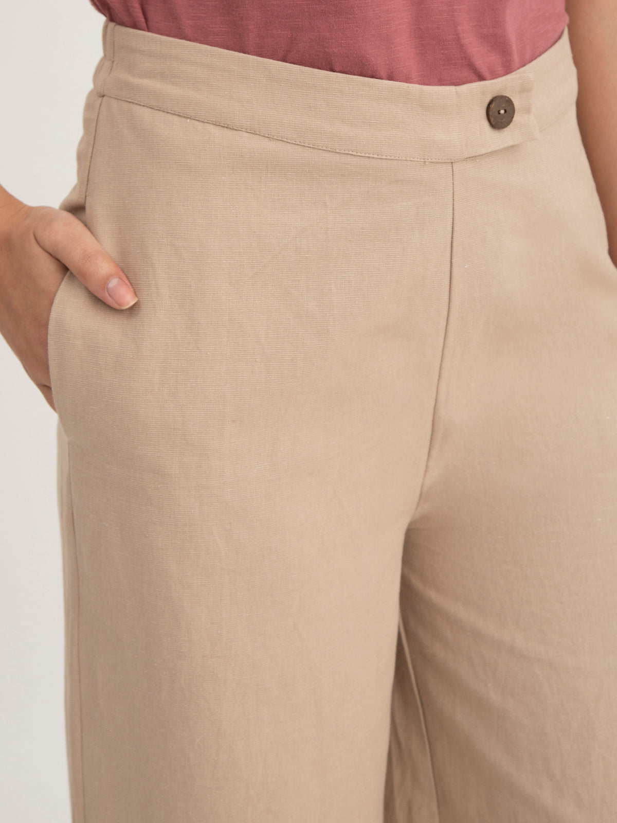 Linen Elasticated Wide Leg Pants - Beige