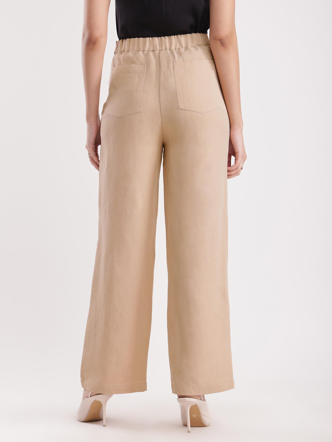 Linen Elasticated Wide Leg Pants - Beige