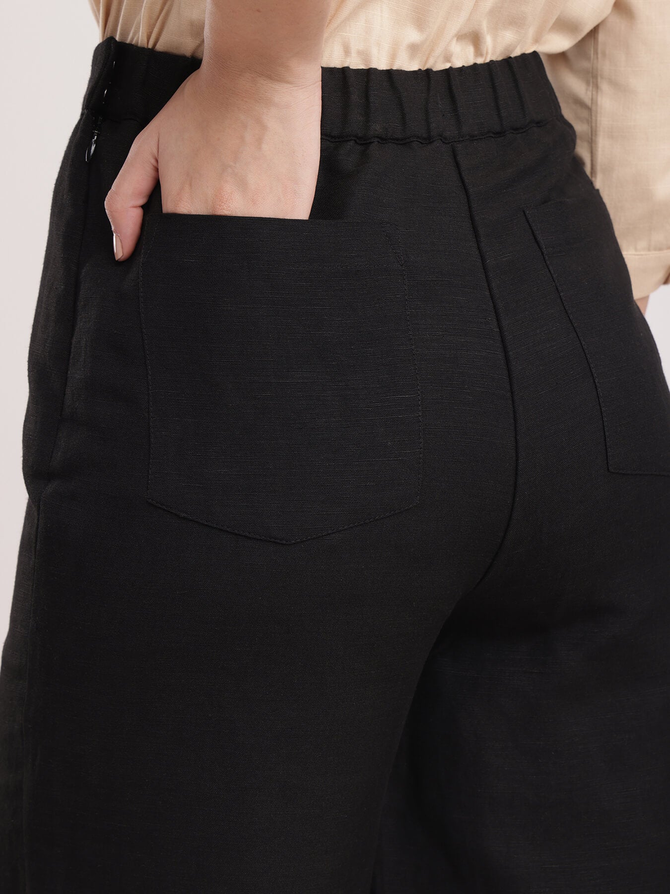 Linen Elasticated Wide Leg Trouser - Black