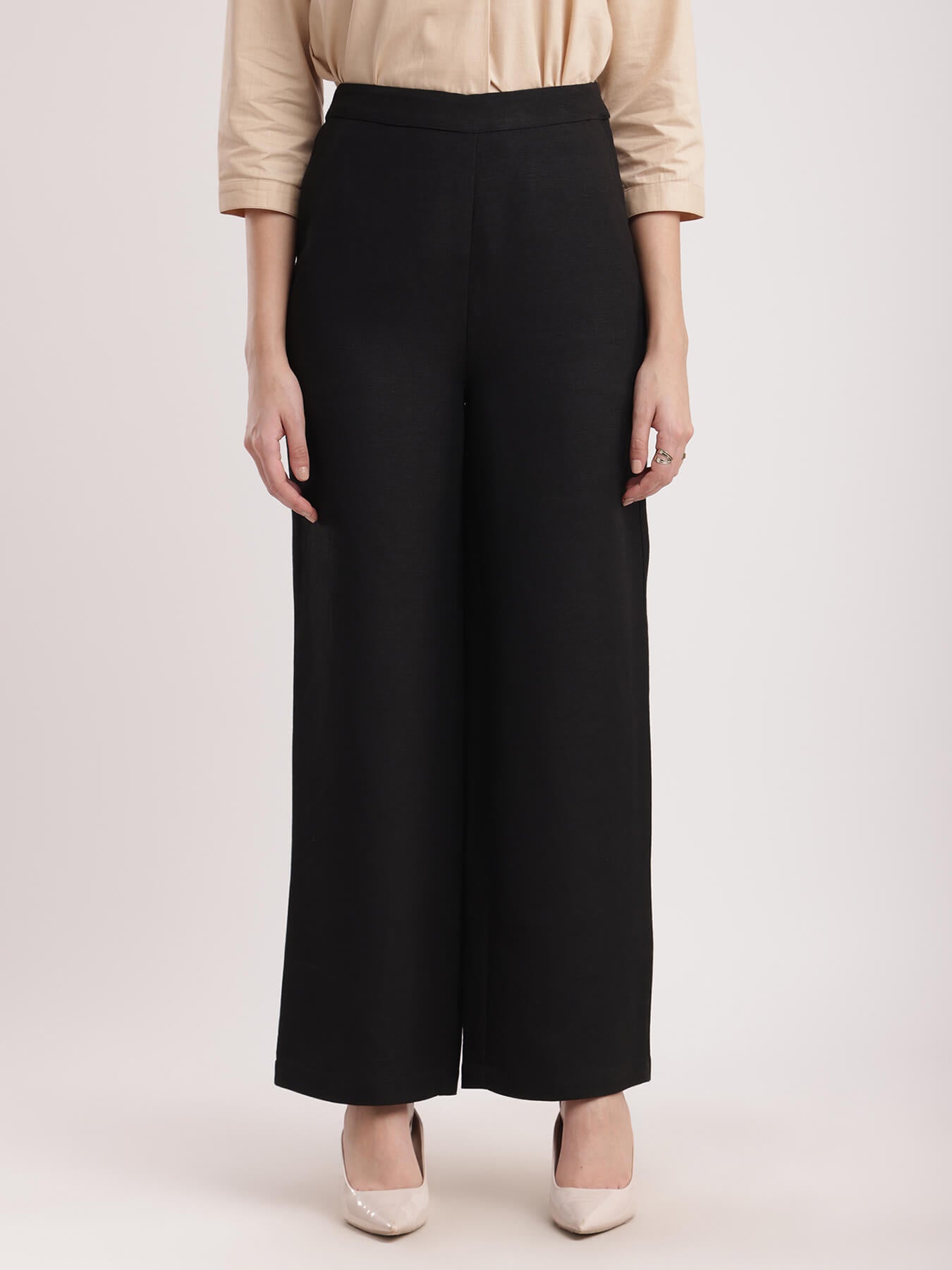 Linen Elasticated Wide Leg Trouser - Black