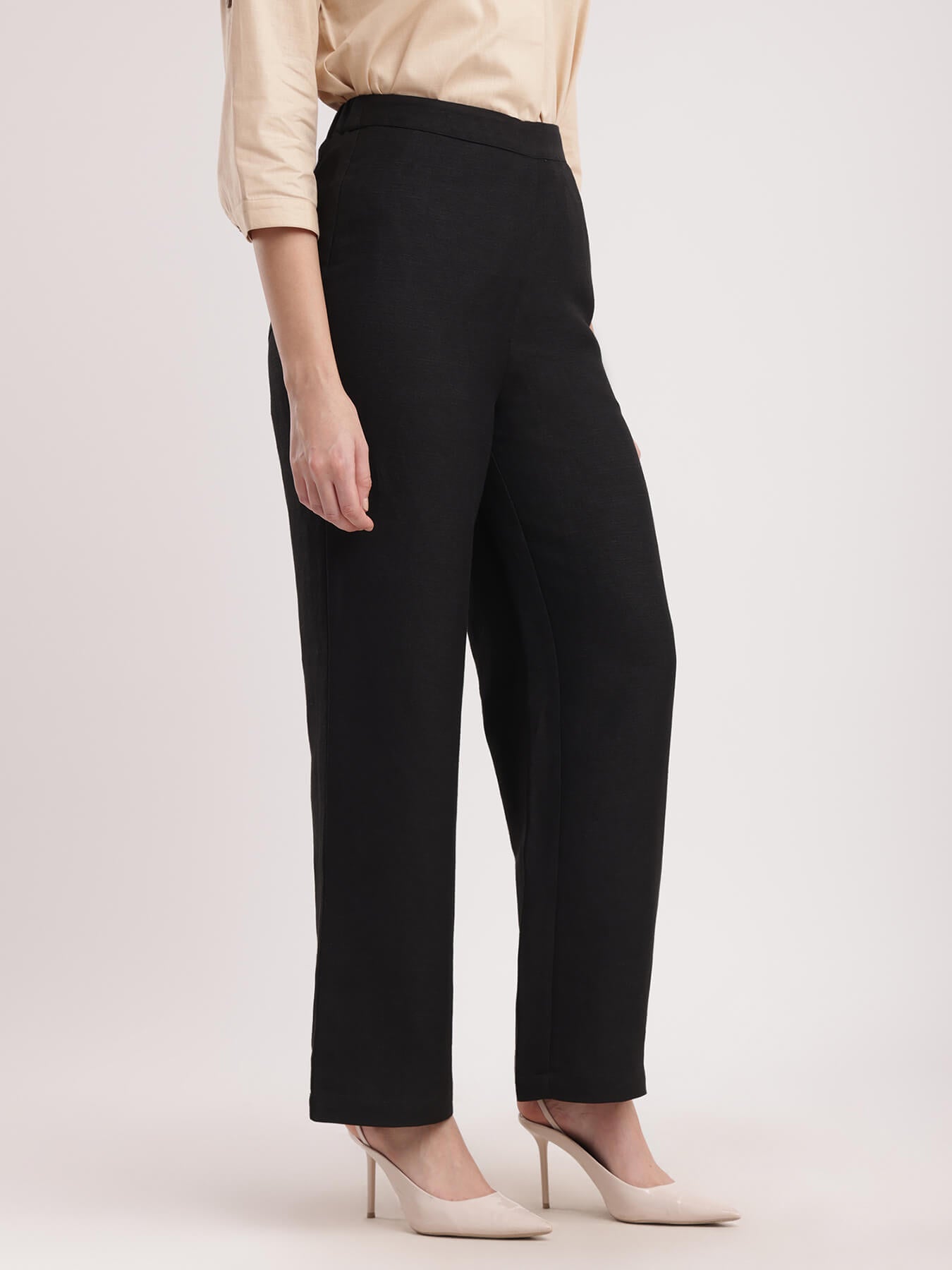 Linen Elasticated Wide Leg Trouser - Black