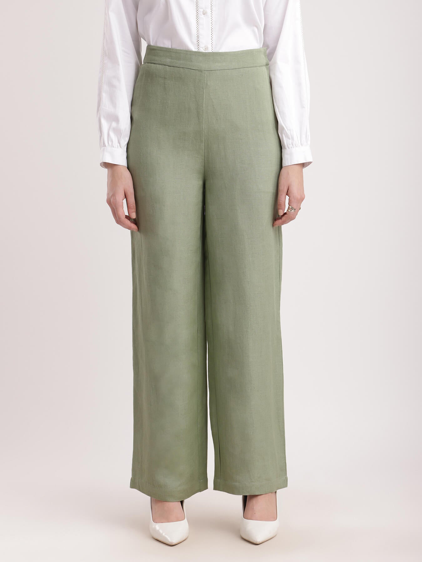 Linen Elasticated Wide Leg Pants - Sap Green