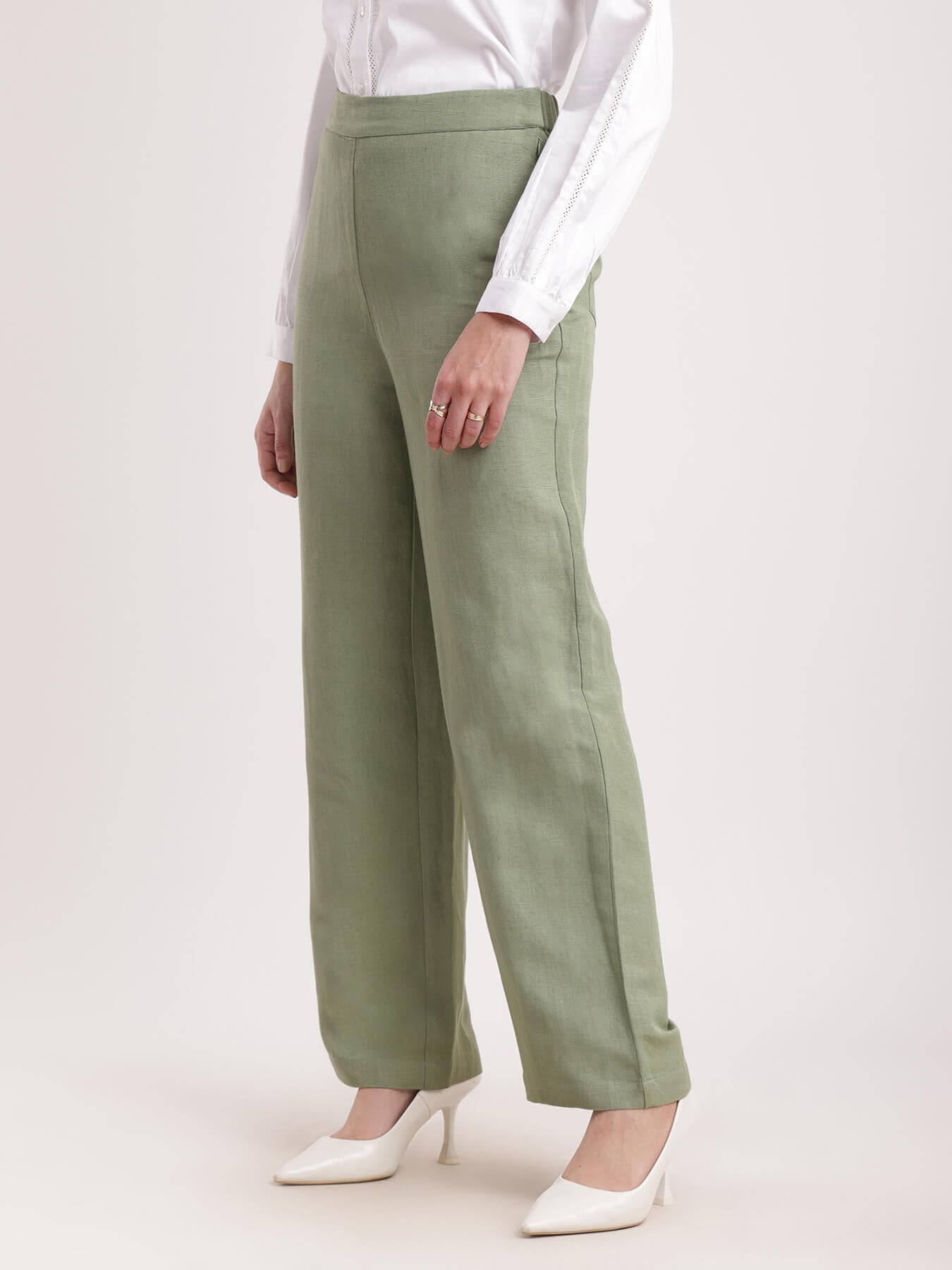 Linen Elasticated Wide Leg Pants - Sap Green