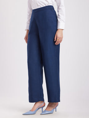 Linen Elasticated Wide Leg Trouserss - Navy Blue