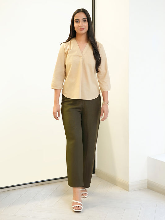 Linen Elasticated Wide Leg Trouser - Olive