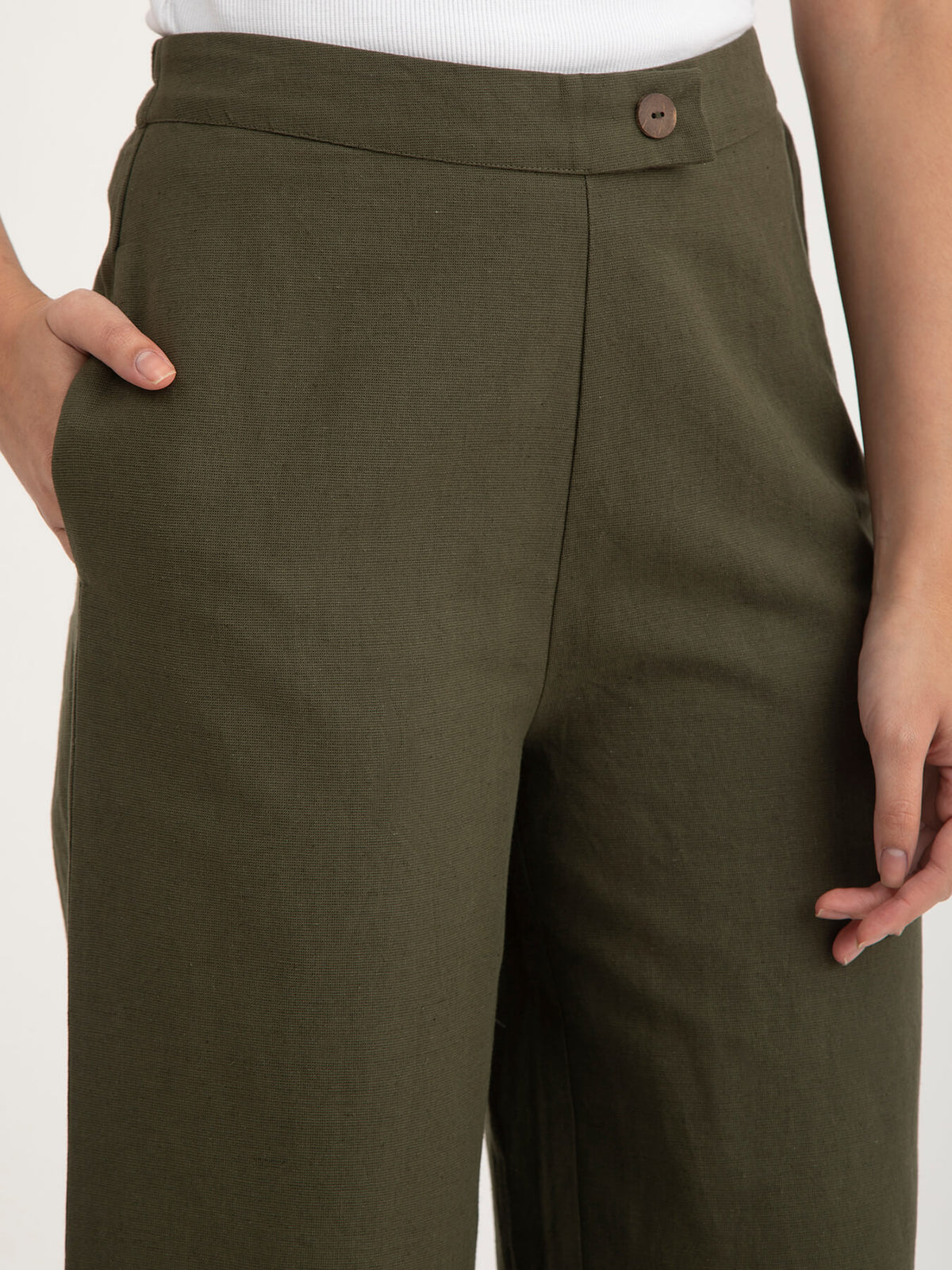 Linen Elasticated Wide Leg Trouser - Olive