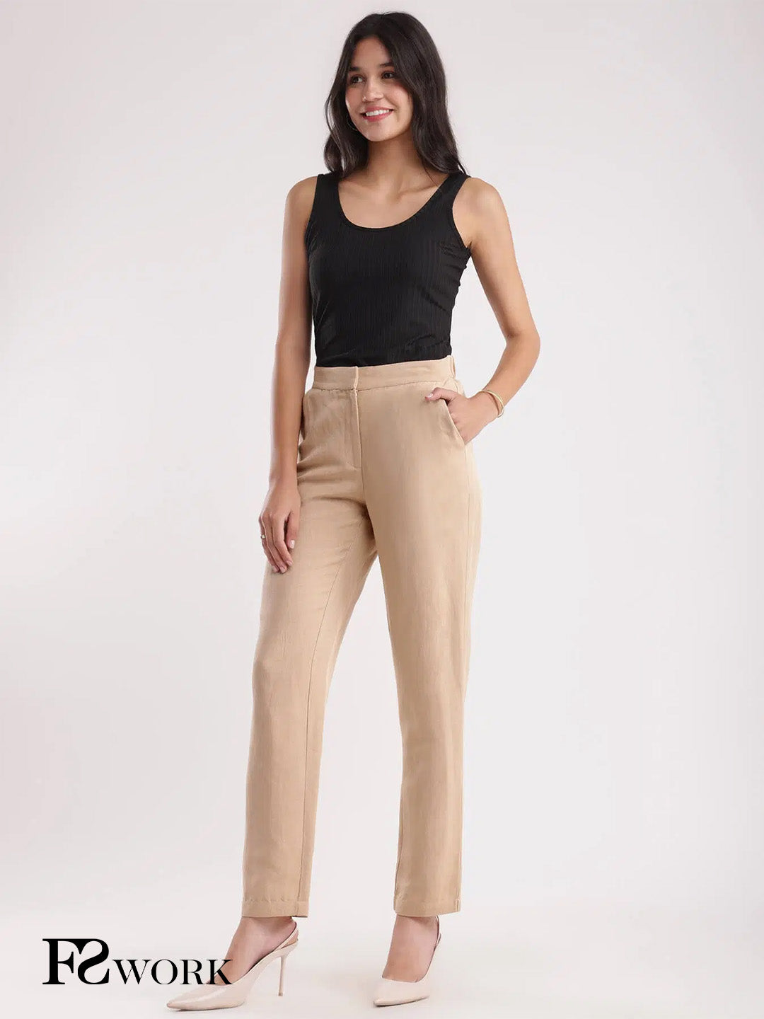 Linen Elasticated Straight Fit Pants - Beige