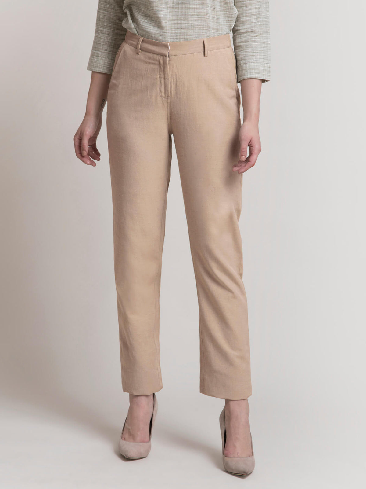 Linen Elasticated Straight Fit Pants - Beige