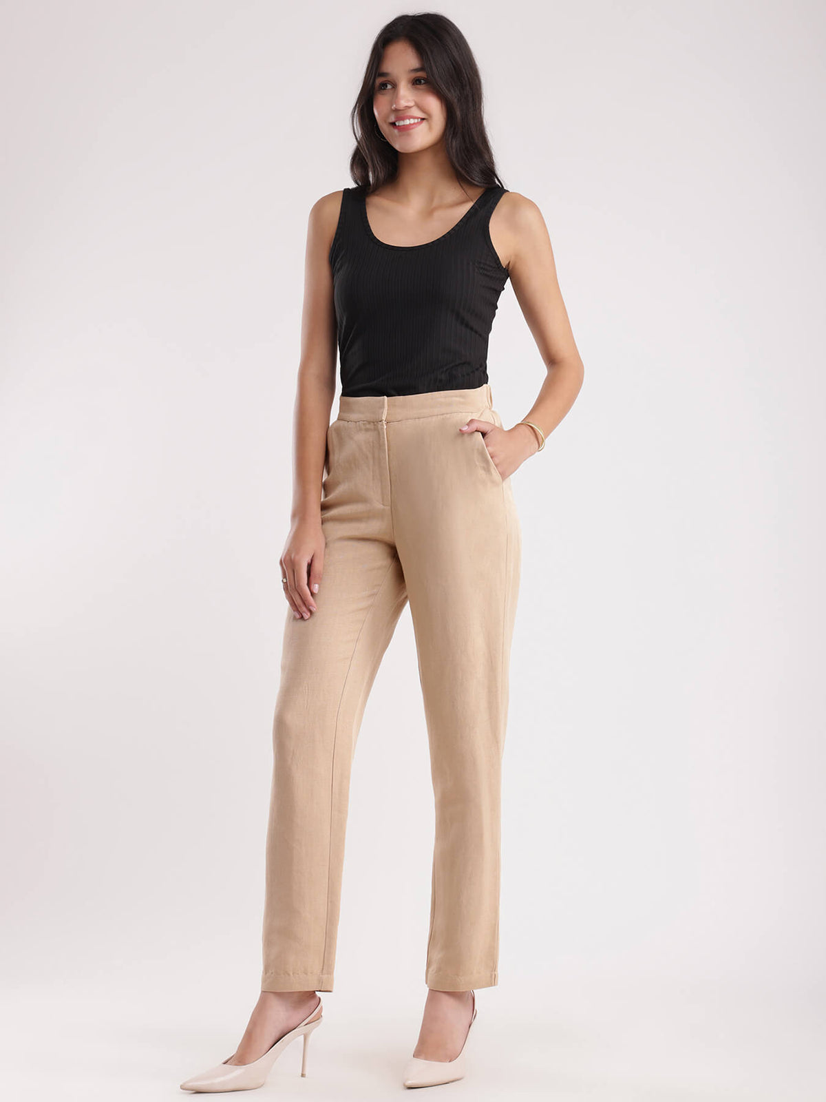 Linen Elasticated Straight Fit Pants - Beige