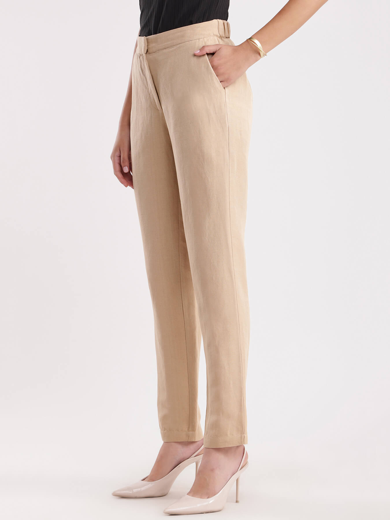 Linen Elasticated Straight Fit Pants - Beige