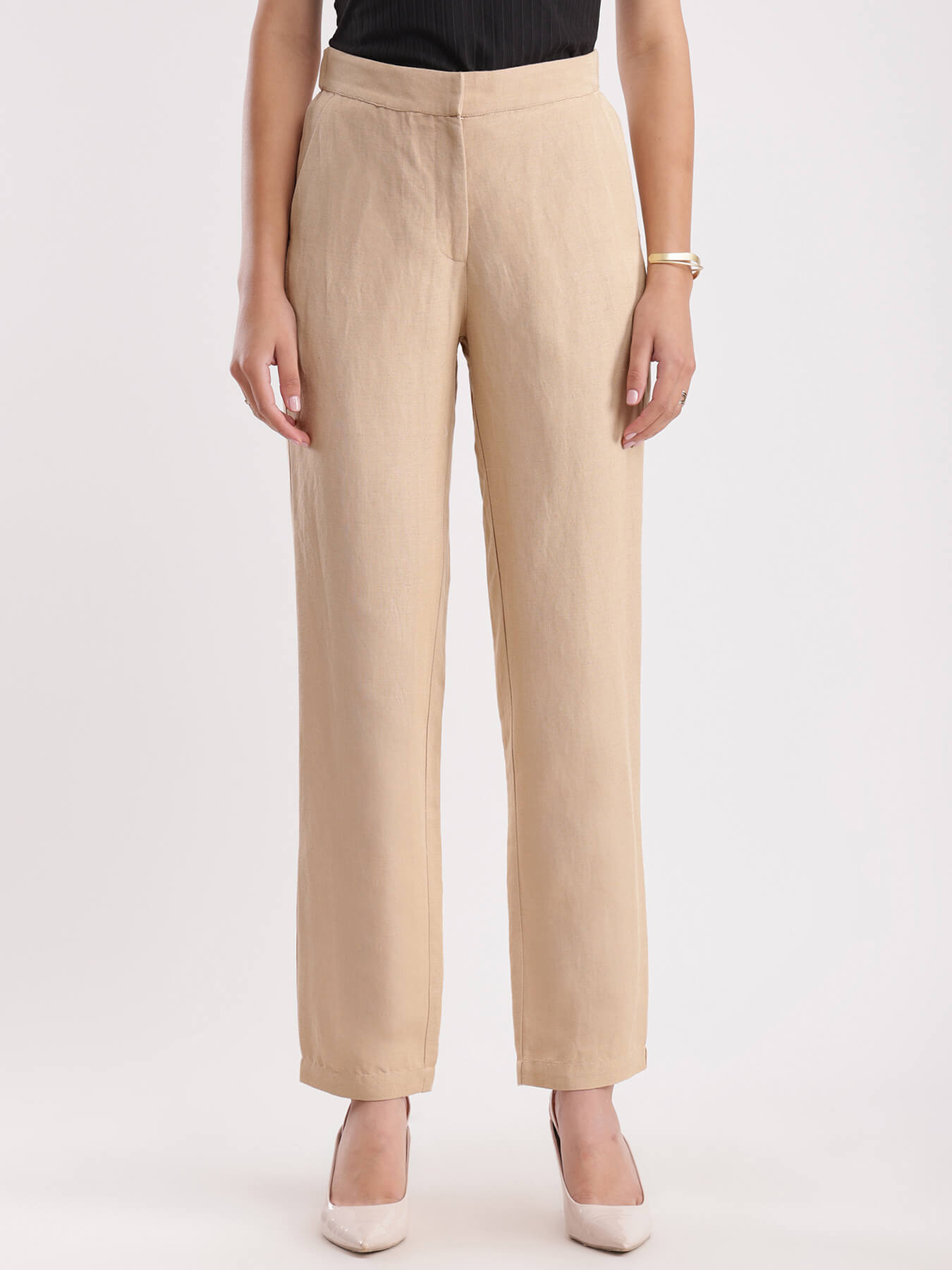 Linen Elasticated Straight Fit Pants - Beige