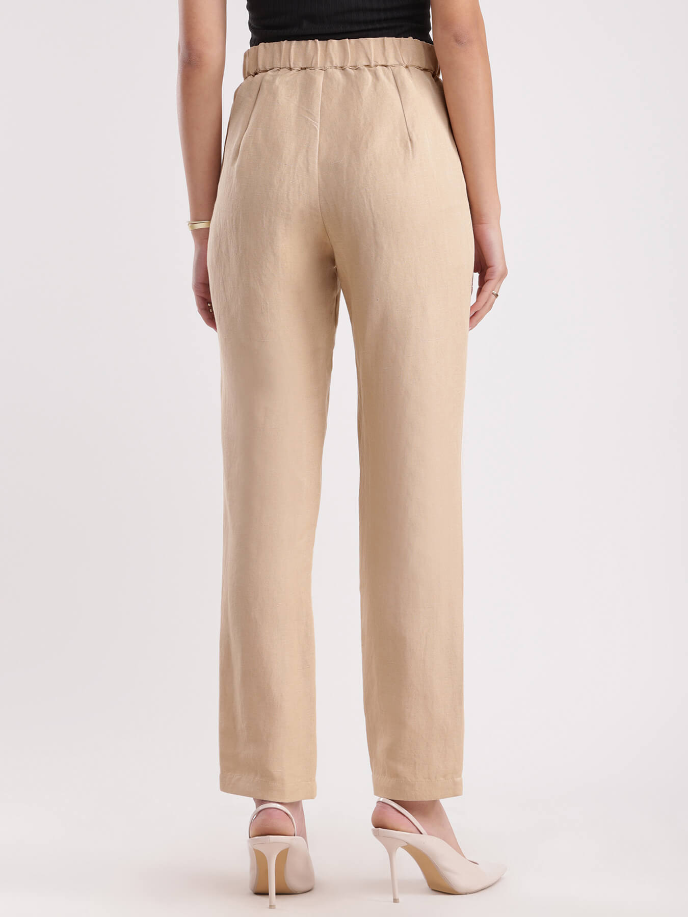 Linen Elasticated Straight Fit Pants - Beige