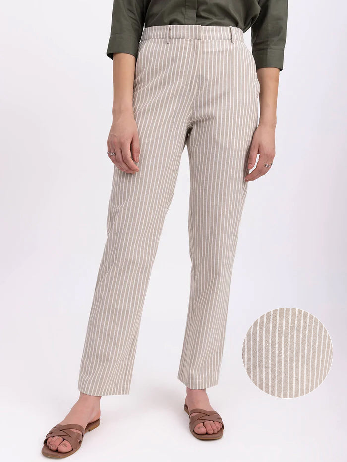 Cotton Linen Straight Trouser - Beige