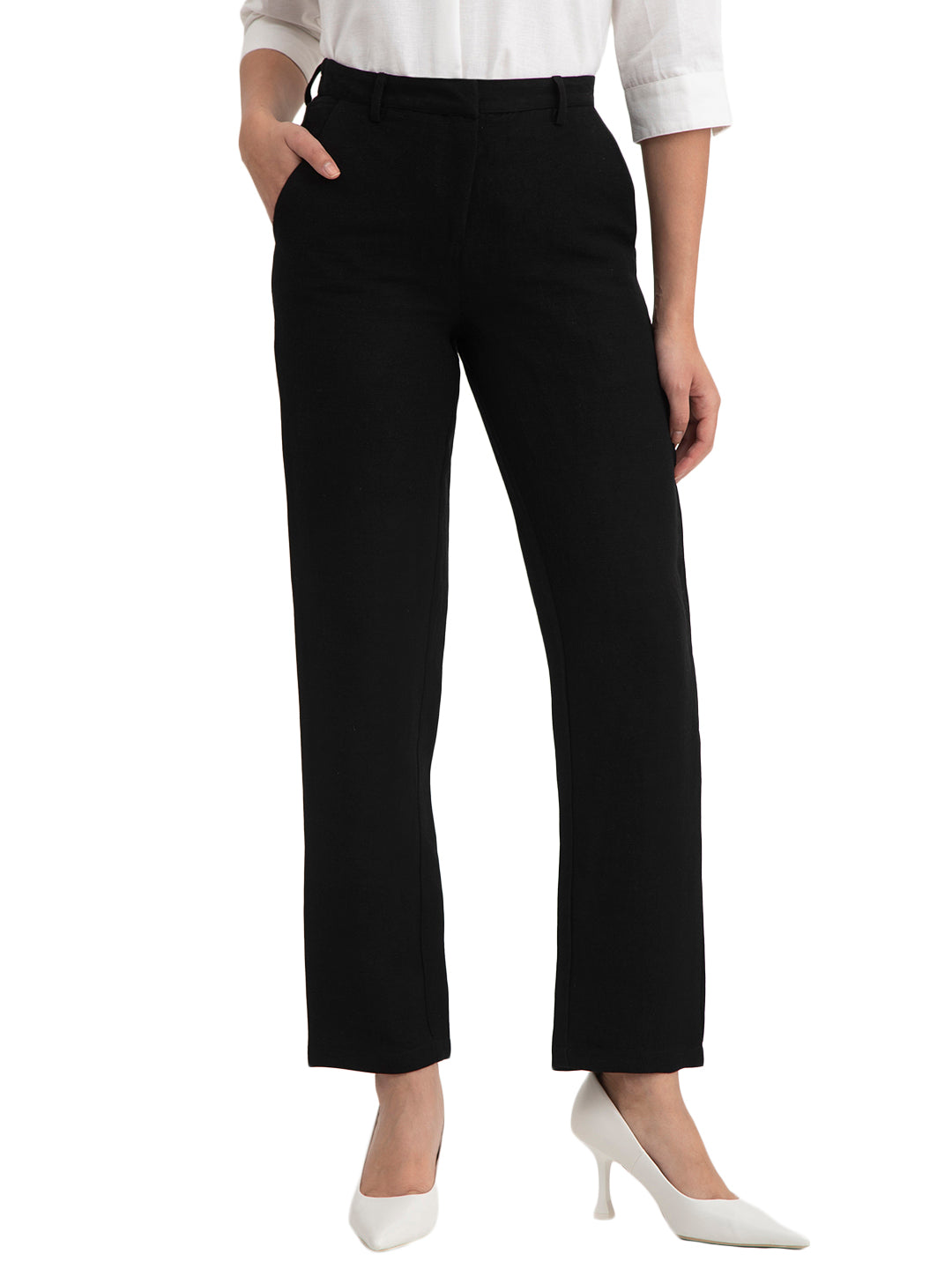 Linen Elasticated Straight Trouser - Black