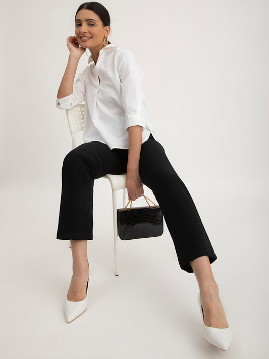 Linen Elasticated Straight Trouser - Black