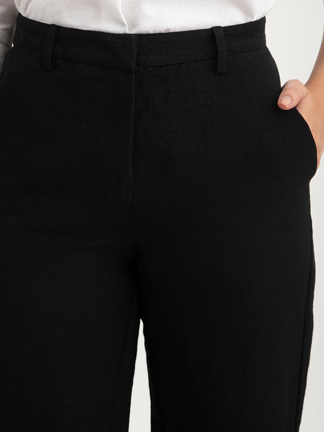 Linen Elasticated Straight Trouser - Black