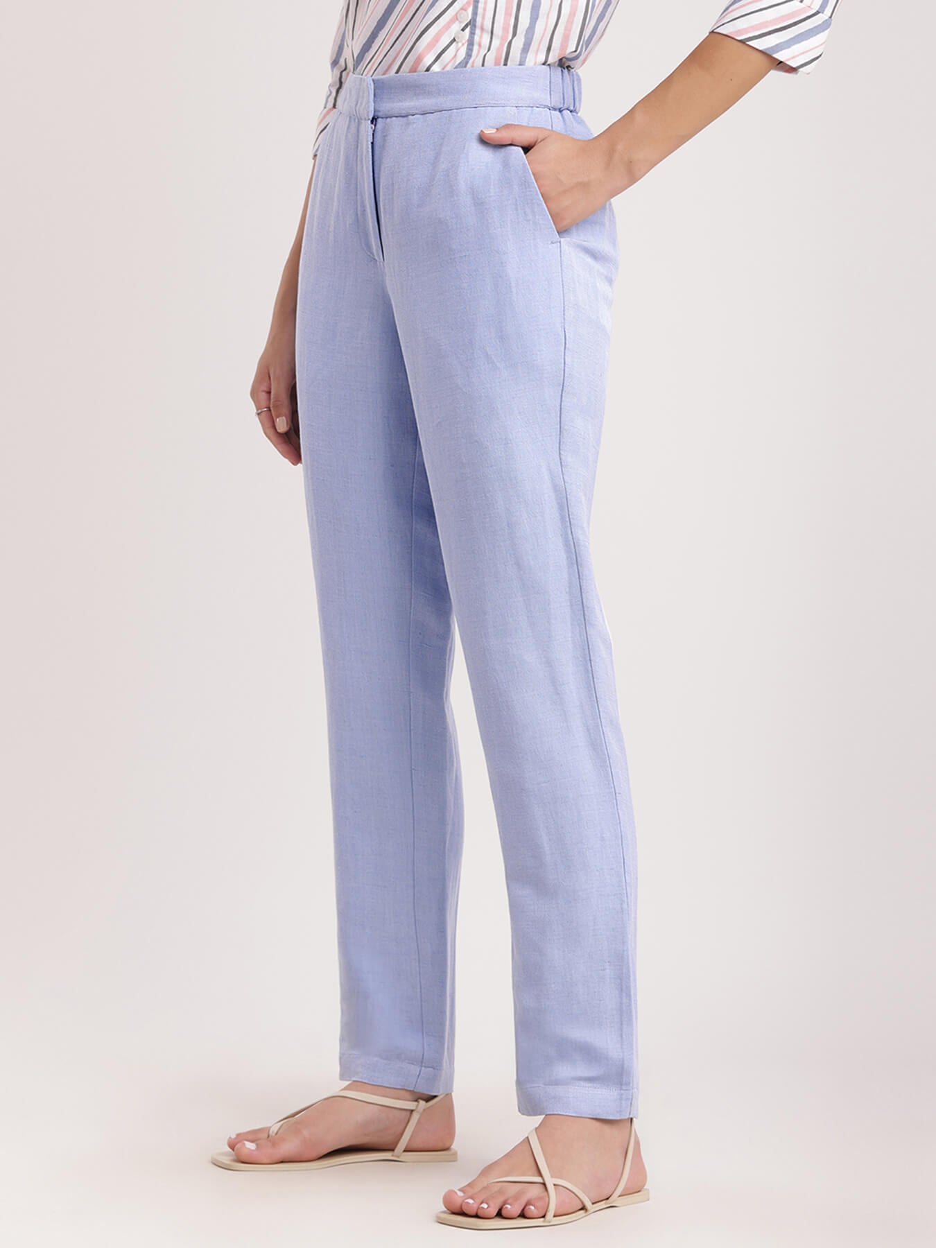 Linen Straight Fit Pants - Light Blue