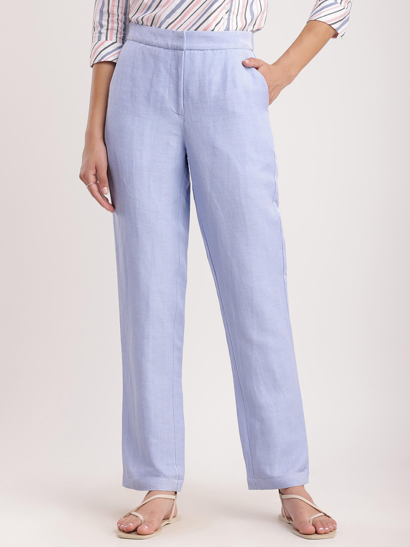 Linen Straight Fit Pants - Light Blue