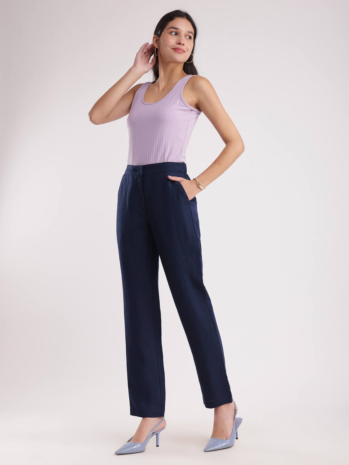 Linen Elasticated Straight Trouser - Navy Blue
