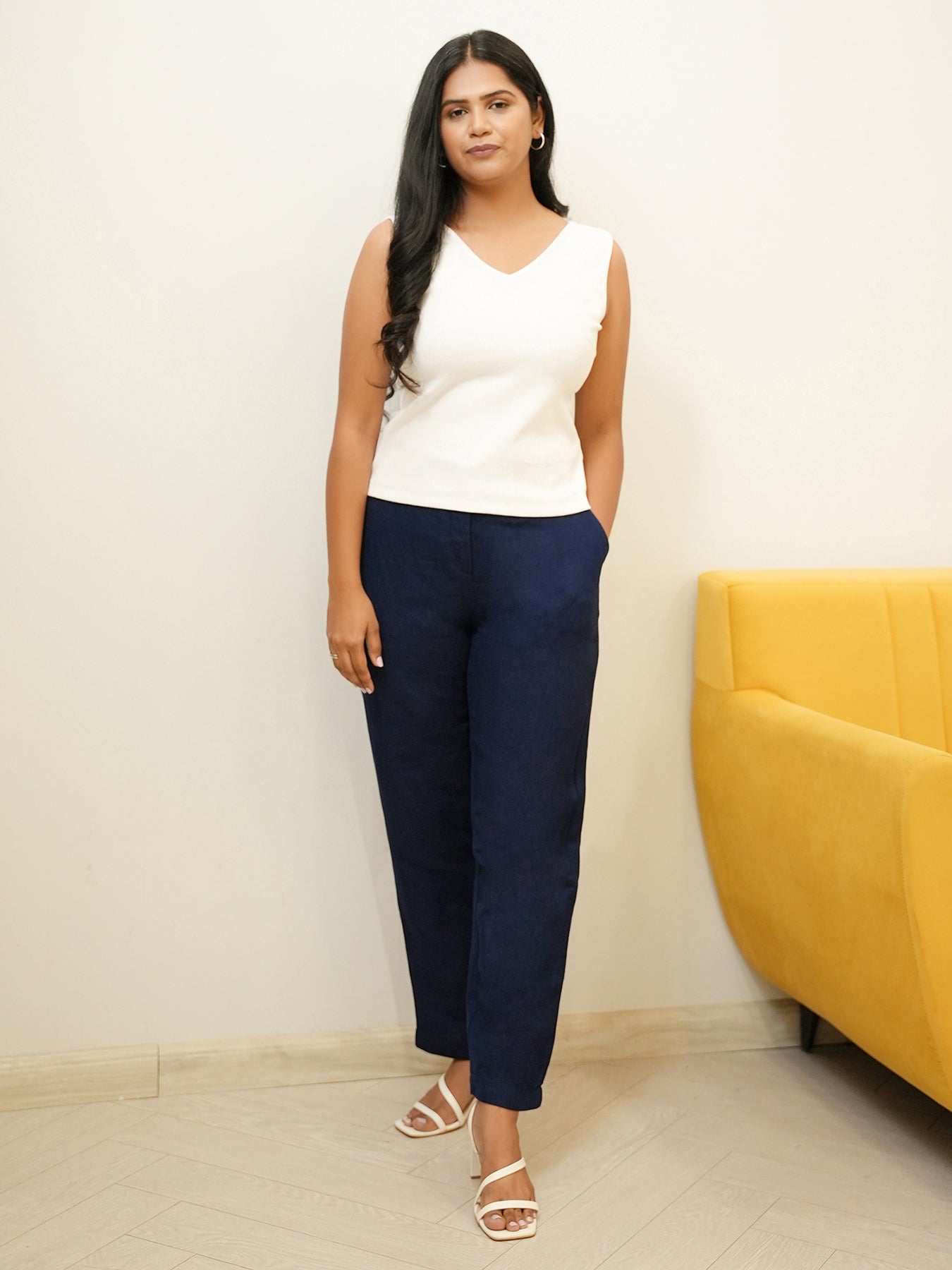 Linen Elasticated Straight Trouser - Navy Blue
