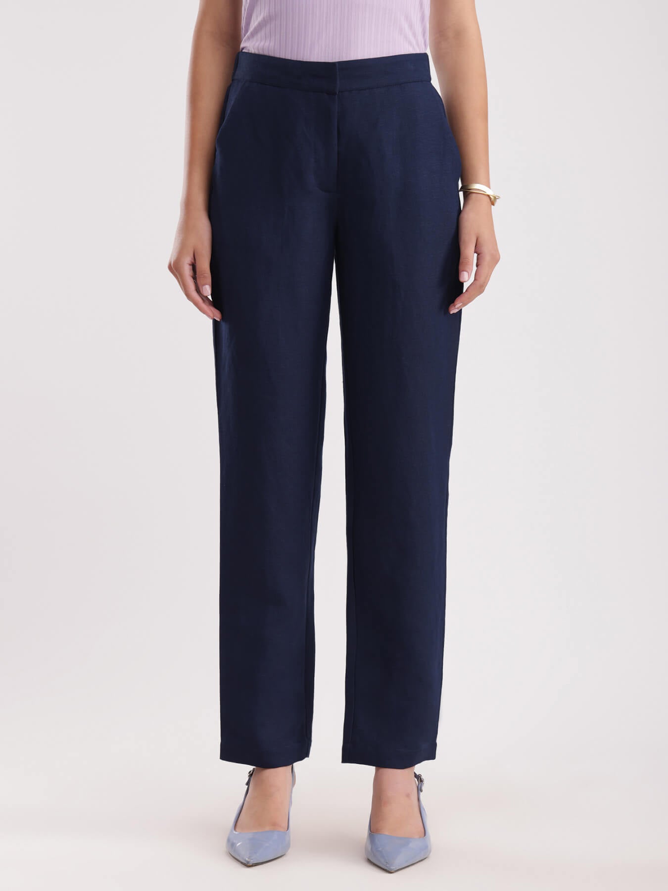 Linen Elasticated Straight Trouser - Navy Blue