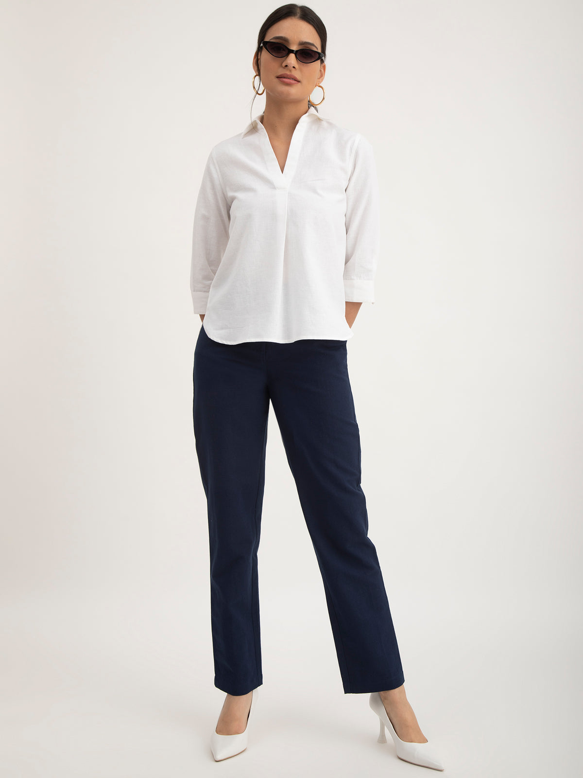 Linen Elasticated Straight Trouser - Navy Blue