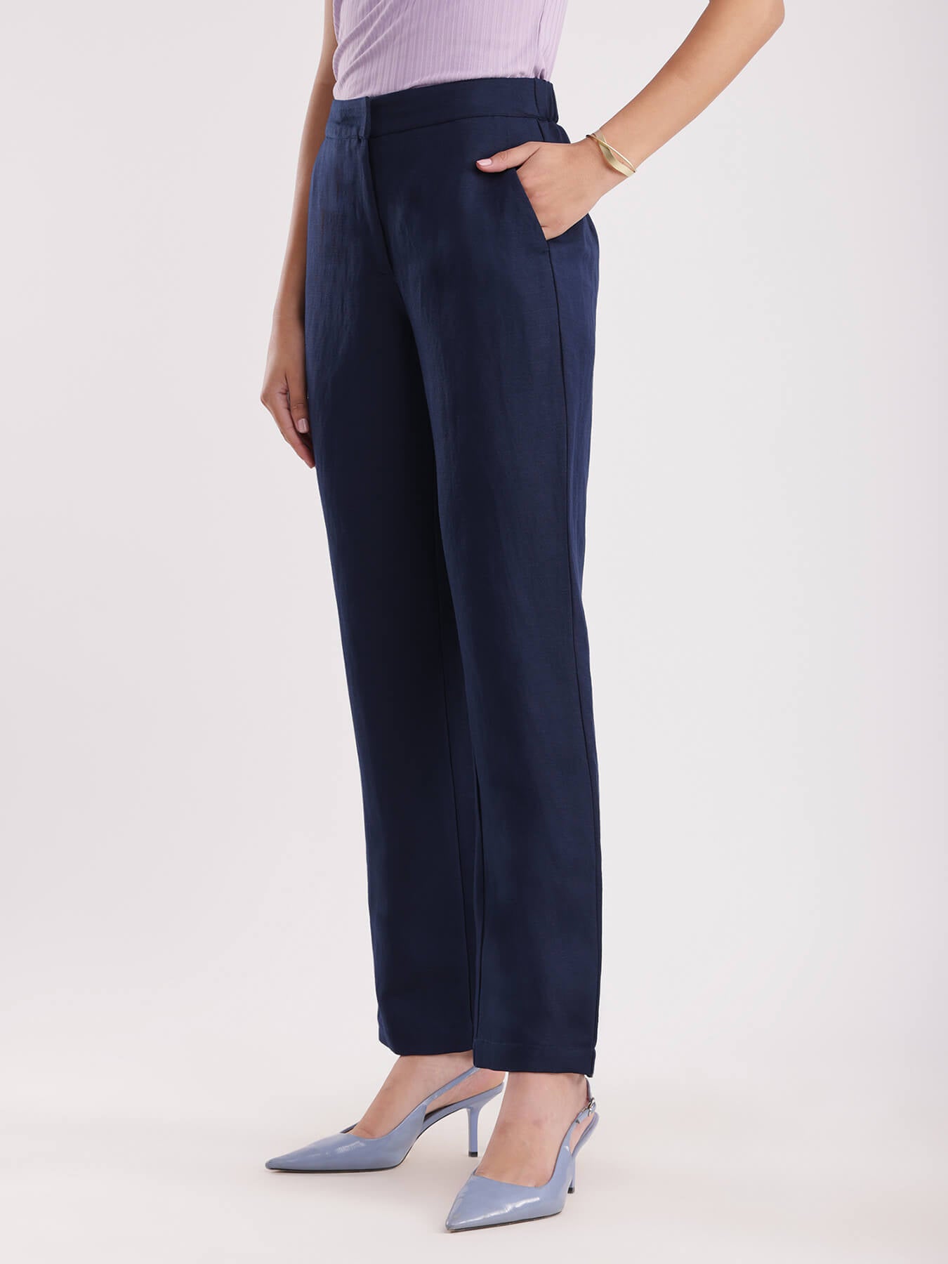 Linen Elasticated Straight Trouser - Navy Blue