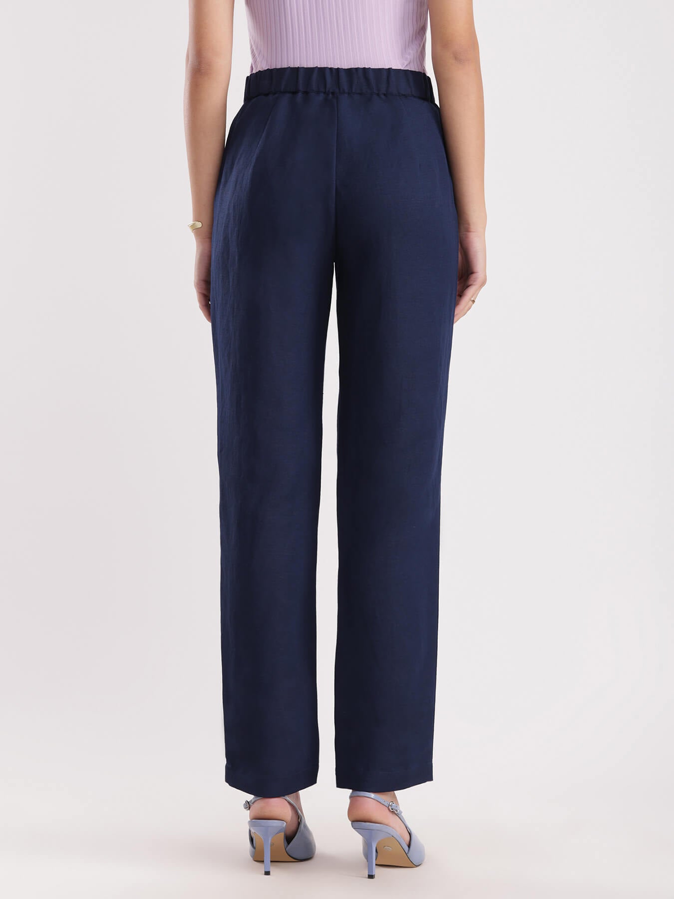 Linen Elasticated Straight Trouser - Navy Blue