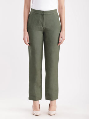Linen Elasticated Straight Trouser - Olive