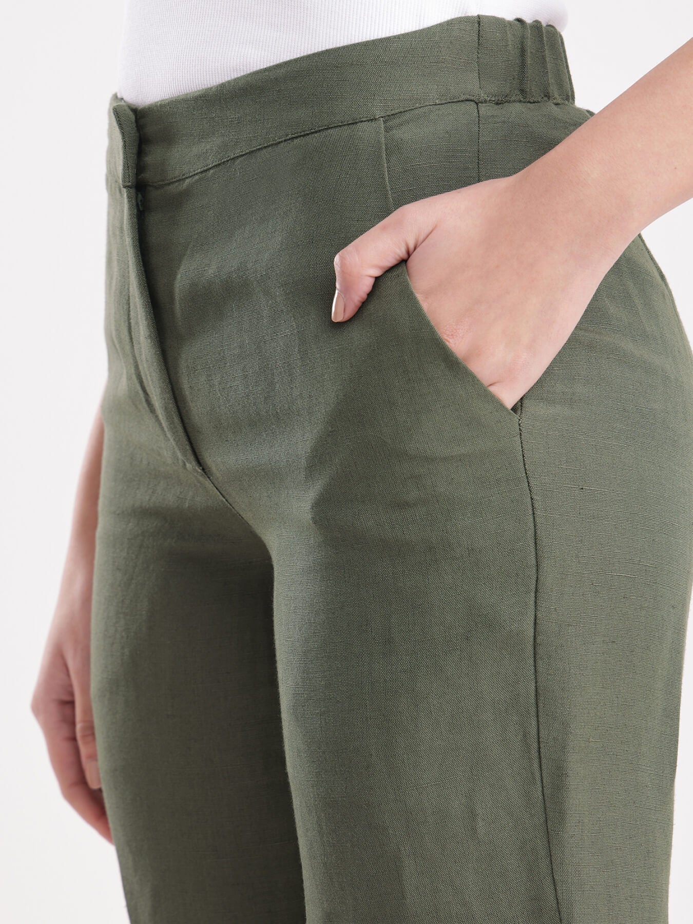 Linen Elasticated Straight Trouser - Olive