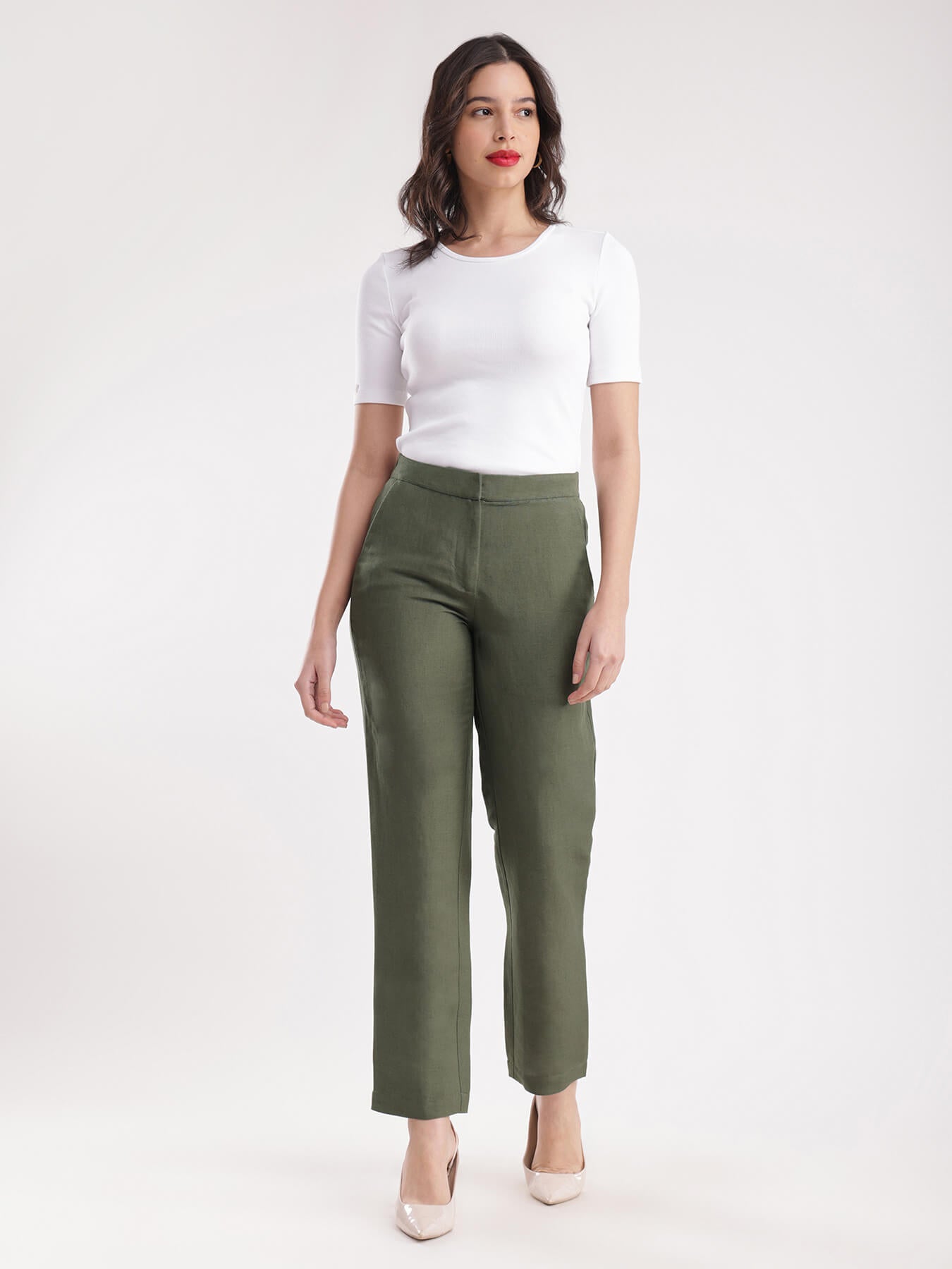 Linen Elasticated Straight Trouser - Olive