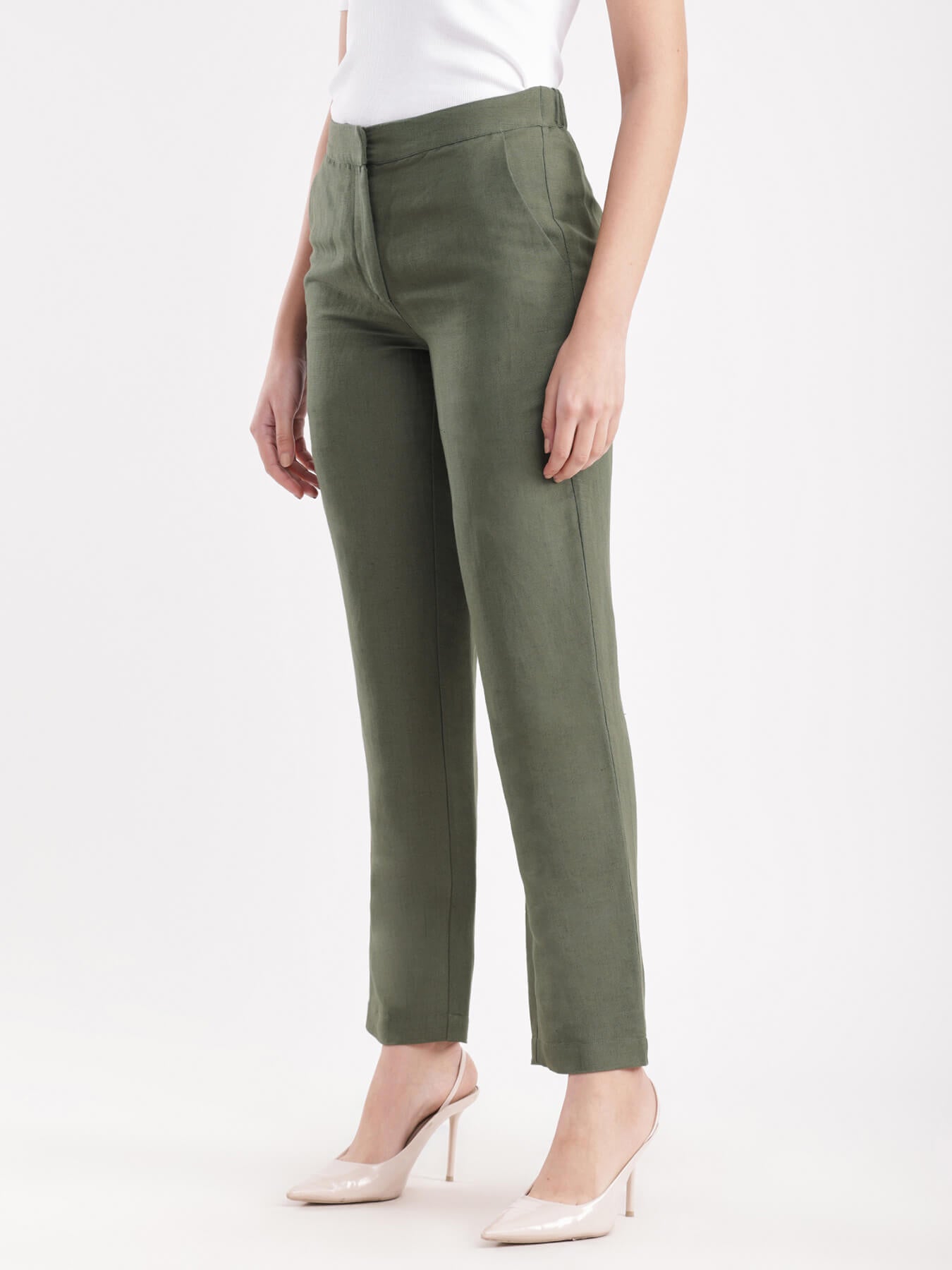 Linen Elasticated Straight Trouser - Olive