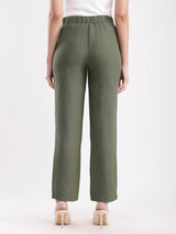 Linen Elasticated Straight Trouser - Olive